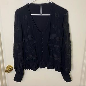 Anthropologie blouse embroidered appliqué peasant top button down viscose